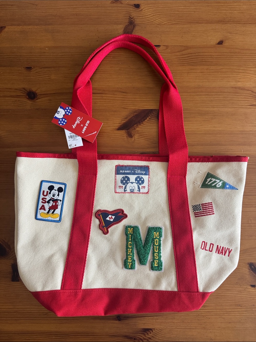Old Navy x Disney Cream Canvas Tote with Red Trim and Mickey Patches